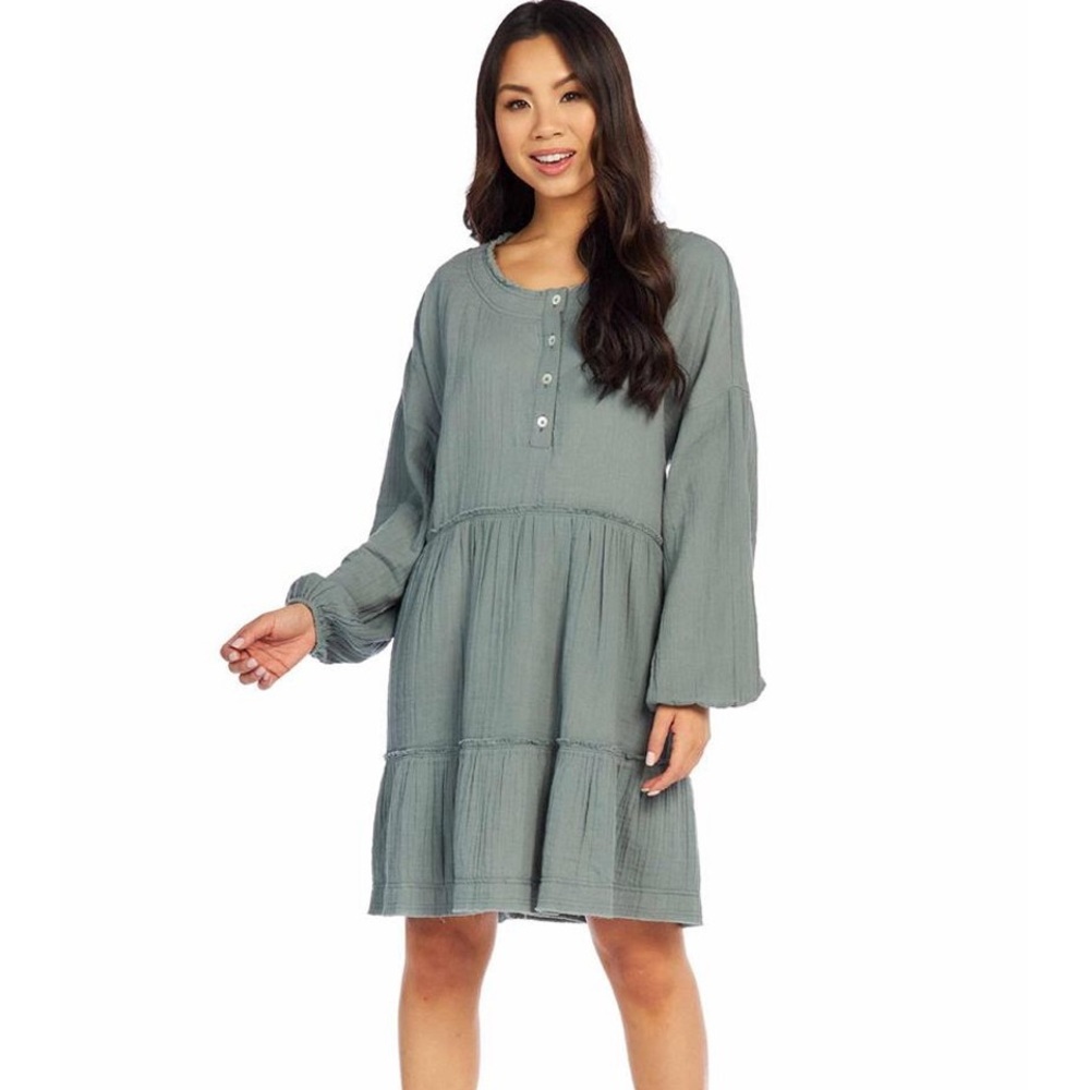 Mud Pie Kynlee Tiered Dusty Green Balloon Sleeve Dress Large NEW with Tags